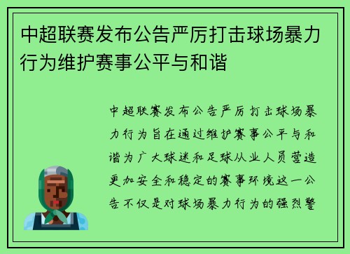 中超联赛发布公告严厉打击球场暴力行为维护赛事公平与和谐